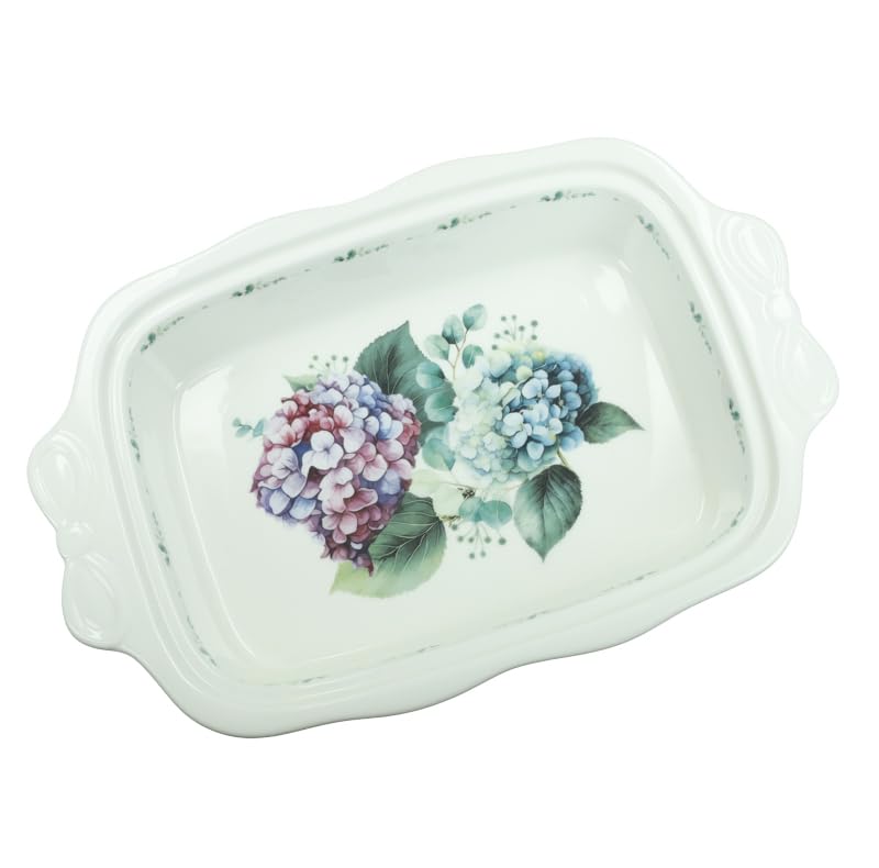 Flora Brandani 51246 Auflaufform aus Keramik, groß, grün, rosa, rechteckig, 24,5 x 19,5 cm, Hortensie