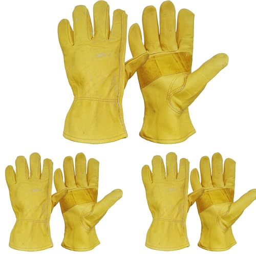 3 Pairs Leather Work Gloves For Men Cowhide Working Gloves For Driver Heavy Duty Yard Work DIY Women Gardening Leather Surface Has Natural Spots (Large)