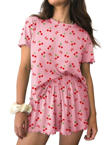 Ekouaer Womens Pajamas 2 Piece Ribbed Knit Pjs Short Sleeve Lounge Sets