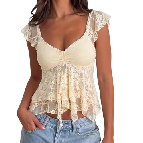 WYFC Lace Tops for Women Babydoll Tank Cap Sleeve Cute Going Out Shirt Streetwear Yellow S