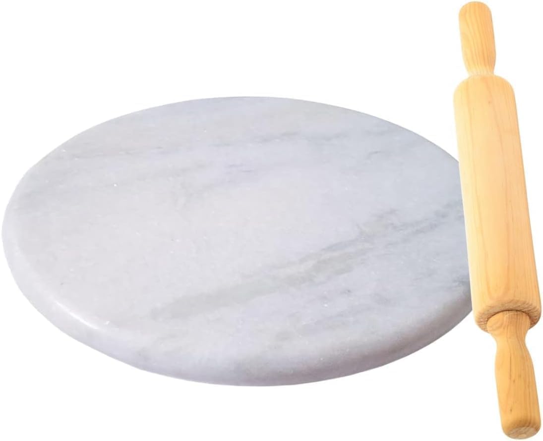 Indian White Marble Chakla Belan Roti Maker Chapati maker, 10 inch Round Chakla Board with wooden Rolling Pin Kitchen Item Pack Of 1