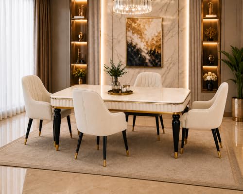 Image of 4 Seater Dining Table Set with Nano Composite Marble Top, Solid Wood Base & 4 Upholstered Chairs, Modern Dining Table Set for Home & Dining Room Furniture (Cream, White Marble Top, 4 Seater)