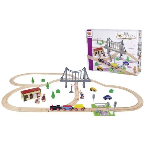 Eichhorn Schienenbahn 100006204 Bahnset mit Brücke, 55 teilig, 500 cm Strckenlänge, FSC zertifiziertes Buchenholz, verbaubar mit Anderen Schienenbahnsystemen, Mehrfarbig