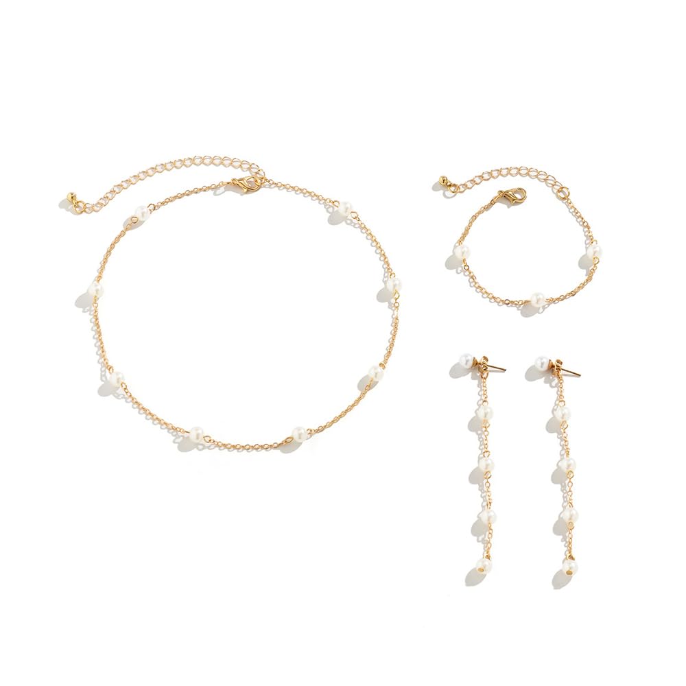 HSAJS Conjunto de Joyas para Mujer de Perlas Collar con Colgante y Pulseras Pendientes Juego Sencillez Fiesta Cumpleaños Aniversario Navidad San Valentín Regalos Perlas Set