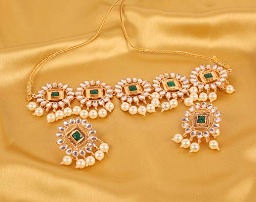 Image of Touchstone Mughal Jali Collection Gold Tone Indian Mughal Bollywood White Diamante Jewelry Choker Set for Women
