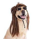 MuYaoPet Dog Mullet Wig and Punk Sunglasses,Retro 70s 80s Disco Rock Star Halloween Party Costume Outfit for Medium Large Dogs,Curly Fancy Pet Brown Long Wig (Brown, One Size)