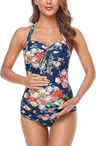 EastElegant Maternity Swimwear One Piece Halter Pregnancy Swimsuit Floral Bathing Suits with Adjustable Chest Drawstring(Blue, Large)
