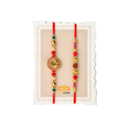 Image of Gifticon Rakhi Set for Brother with Chocolate | Premium Designer Rakhi, Chocolate, Roli Chawal, Greeting Card & Premium Gift Box | Rakhi Hamper for Raksha Bandhan | Ganesh Ji & Rudraksh Rakhi