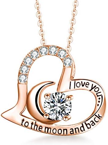 T400 Sterling Silver Necklace I Love You to The Moon and Back White Cubic Zirconia Heart Pendant Jewellery Gifts for Women Wife Girlfriend Her Birthday Valentines