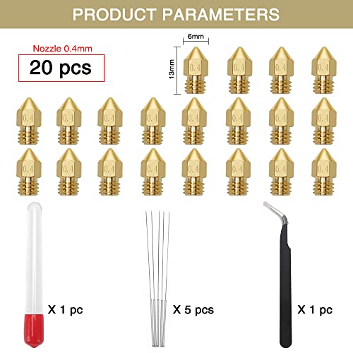 YIXISI 20 Stück 3D Drucker Düse, 0.4mm, MK8 Extruder Nozzle, Messingdüse, (5 Stück Düsenreinigungsnadeln, antistatische Pinzette)