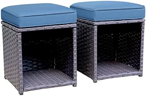 JOIVI 2 Pieces Outdoor Patio Ottoman, All Weather Rattan Wicker Ottoman Set, Outdoor Footstool Footrest Seat with Removable Cushions Storage Space, Aegean Blue