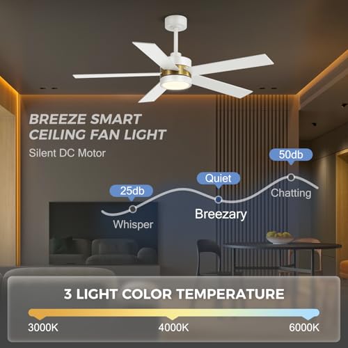 Breezary Ceiling Fans with Lights and Remote, 52 Inch Industrial Ceiling Fan with Reversible DC Motor, 6-Speed, 3 Color Light, Downrod Mount LED Light Chandelier for Bedroom (Matte White & Gold) by Breezary - Image 3