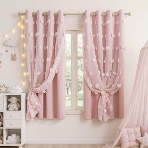 Image of MYSKY HOME Pink Curtains for Girls Bedroom 54 Inches Long Kids Curtain with Pink Pom Pom Sheer Short Curtains for Windows 2 Layered Drapes Grommet Room Darkening Nursey Curtain, 2 Panels, W52 X L54