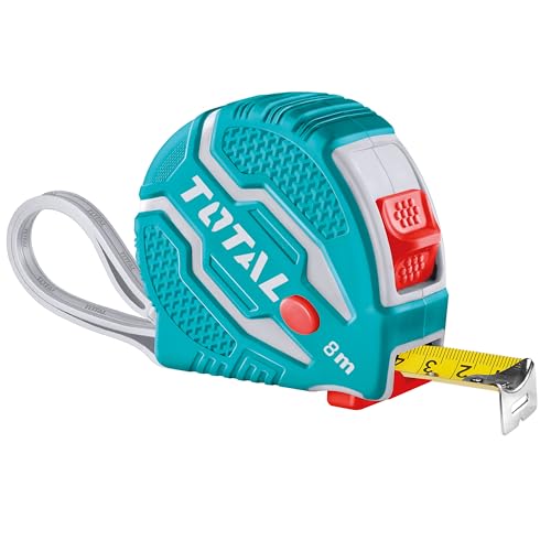 TOTAL - Flexómetro 8 Metros, Medida 8 m x 25 mm, Pulsador función 3 paradas, Con Cordón para colgar en la muñeca, Metro Para Medir en Trabajos de Carpintería o Construcción General