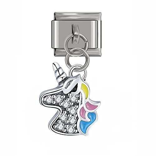 Unicorn Silver Rhinestone Dangle Charm Link fits all classic 9mm Italian Style Charm Bracelet - UK stock