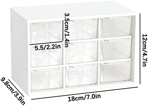HMIEPRS Small Plastic Desktop Storage Boxes with Transparent Drawer, 3 Layer 9 Drawers Art Craft Organizer with Cute Sticker Suitable to Store Cosmetics Jewelry Craft Stationery for Girl Women (White)