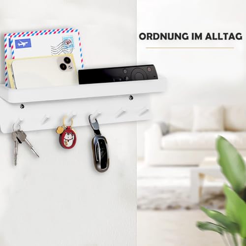 Echehi Schlüsselhalter mit 6 Haken, Einfach zu Installierende Schlüsselbrett Ohne Bohren, Metall Schlüsselablage, Garderobe, Briefständer, Geeignet für Eingangsbereiche und Hinter Türen. Weiß