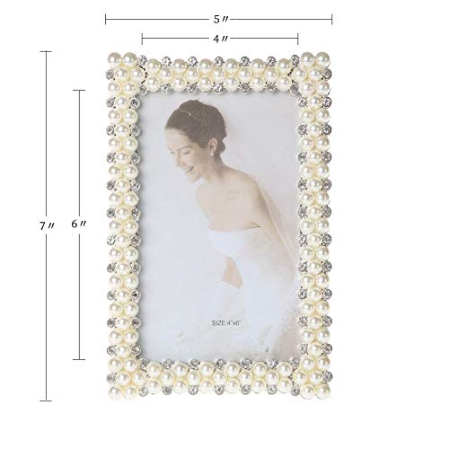 4X6 Silver Metal Picture Photo Frame With Pearl And Crystal Decor For Table Top Display, High Definition Glass, Gift For Wedding, Mother's Day, Valentines Day,Friends (4''X6''Pearl) #TOP5