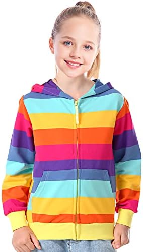 Julerwoo Girls Rainbow Zip Up Sweatshirts Hoodie Stripes Cotton Outfit (7-8Y, Rainbow)