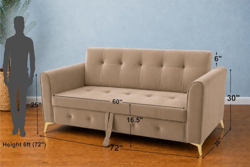 Image of Adorn India Premium Mystic - 3 Years Warranty - 3 Seater Sofa Cum Bed Velvet Suede Fabric - Beige
