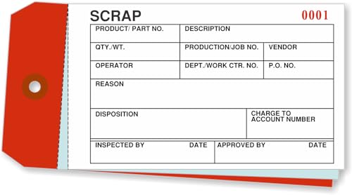 SmartSign (100-Pack) 3-Part Scrap Inventory Tags - 6.25" x 3.125", 13-pt Red Cardstock Tags with 60# White Carbon Paper Sheets, Write-On, Tear-Off Paper Form, Pre-Punched with Reinforced Fiber Patch