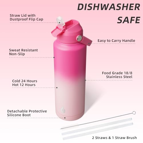 BJPKPK Insulated Water Bottle with Straw Lid, 40oz Large Thermo, BPA Free Leak Proof Stainless Steel Metal Water Bottles, Tumblers, Cups, Flasks for Travel, Sports,Cherry by BJPKPK - Image 3
