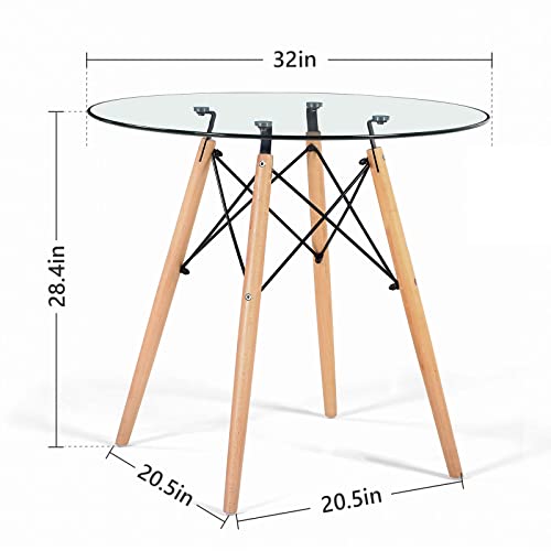 Round Glass Dining Table Small Kitchen Table Modern Circle Dining Room Table 32" With Wood Legs For Dinner Small Spaces #TOP2