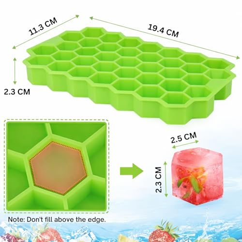 Image of Solitude 2 Pcs Flexible Silicone Ice Cube Trays for Freezer | Stackable, Soft Easy-Release Honeycomb Shape 74 Cavities Small Cubes Tray with Lid for Bar Whiskey Cocktail Fridge (Green)