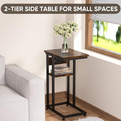 image for BALEINE Side Table with Charging Station, C-Shape End Table with Dual 