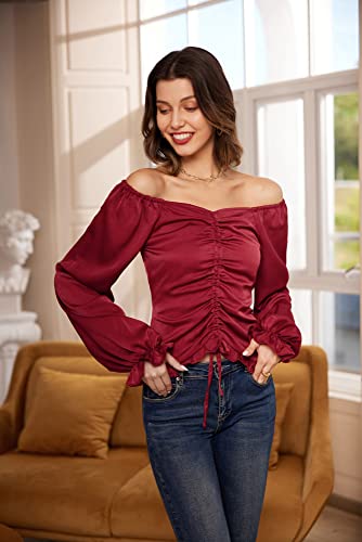 Off Sholder Satin Vintage Blouse For Women Lantern Long Sleeve Drawstring Adjustable Tops Ruffled Shirt Off Shoulder Wine Red Xl #TOP1