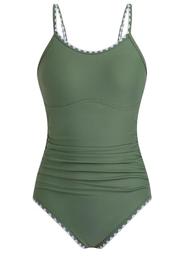 Image of XiaoMoSha Swimming Costume Girls One Piece Bathing Suit with Adjustable Straps Color Contrast Trim for Teens Girls, 12-13 Years, Green