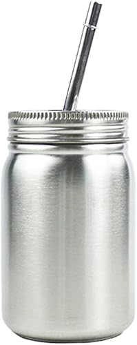 Fenteer Tarro de acero inoxidable con tapa y pajilla, irrompible, apto para lavavajillas, vaso para niños y adultos, plateado, 23.7 fl oz, pared