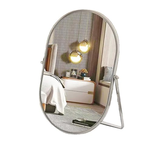 Hosoncovy Free Standing Desktop Mirror with Stand,Large Dressing Table Tabletop Metal Frame Cosmetic Vanity Makeup Oval Wall Hanging Mirror Full Length for Bathroom Bedroom Living Room (Silver)