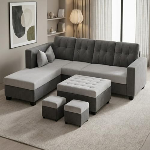 Image of FURNY Nathan 8 Seater L Shape Sofa Set LHS (Light Grey-Dark Grey) | Suede Velvet Finish | Durable Comfort Sofa for Modern Living Room & Office Spaces