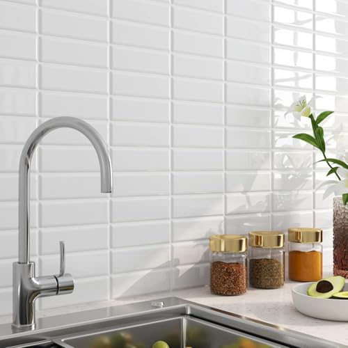 FunStick Piastrelle Adesive Bianco Lucido Pannello Rivestimento Parete Cucina Lavabile Paraschizzi Camino 3D Piastrelle Adesive Bagno Bianche Mattonelle Autoadesive Cucina Muro Bianco 30×30CM 5 Pezzi