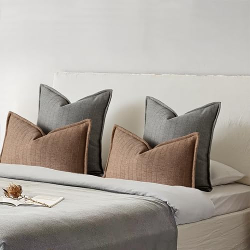 DEZENE 16x16 Linen Pillow Covers Grey Pack of 2 Farmhouse Boho Neutral Accents Striped Textured Square Decorative Throw Pillow Cases for Living Room Couch Bed Home Decor — view 5