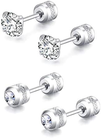 2 Pairs Stud Earrings Set,Hypoallergenic Cubic Zirconia 316L Stainless Steel CZ Screw back Double Sided Earrings for Men,Women,Boys & Girls