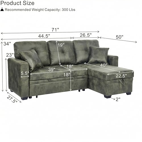 Image of KEIKI 71 inch Sectional Sleeper L Shaped Sofa with Pull Out Bed, Sleeper Sofa with Reversible Chaise, 3 Seater Modular Sectional Sofa with Storage for Living Room, Olive Green