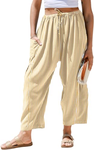TARSE Linen Wide-Leg Striped Palazzo Pants (Yellow-White)