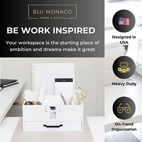 Image of White Wood Office Desk Organizers and Accessories - Home Office Organization Office Desk Accessories for Women - Office Desk Organizer - Small Desk Organizer - Desk Top Organizer with Drawer