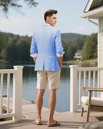 Men's Seersucker Double Breasted Blazer Lightweight Striped Suit Jacket Summer Beach Weddign Prom3