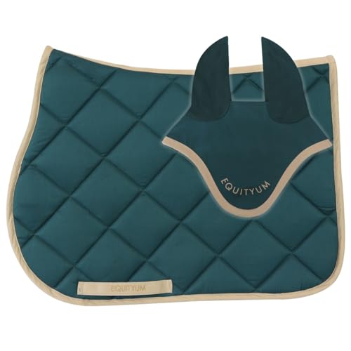 Sottosella+Cuffietta Logo Equityum Sally, Alta Qualità, Design Italiano, Materiali Innovativi, Traspirabilità e Dettagli Raffinati per il Comfort del Cavallo (verde/beige, cob)