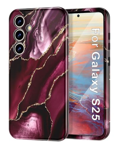 Btscase for Samsung Galaxy S25 Case, [Military Grade Drop Tested] Marble Pattern Design Slim Rugged Shockproof Women Girls Men Protective Anti-Scratch Cover, Wine Red
