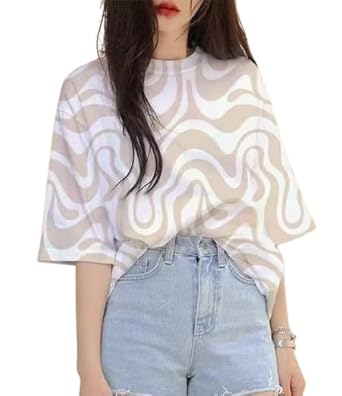Topify Oversize Spandex Funkky Printed T-Shirt for Women Casual Wear with Brown Line Print Color Brown