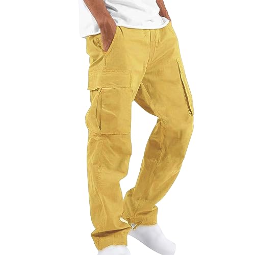 Cargo Pants for Men Lightweight Relaxed Fit Causal Trousers Outdoor Classic Fit Multi Pockets Pant (4X-Large,Yellow)