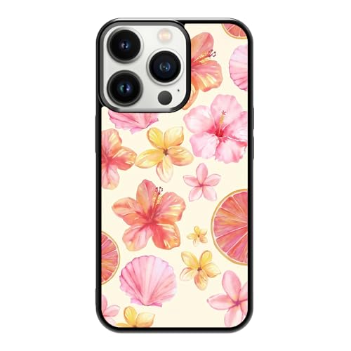 qizjio Cute Hibiscus & Seashell Phone Case – Tropical Summer Aesthetic Design for Teen Girls, Women & Kids, Compatible with iPhone 15 Pro