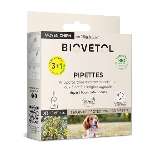 BIOVETOL - Pipettes Anti Puces, Anti-Tiques et Anti moustiques -Bio Certifié Ecocert - Repousse...