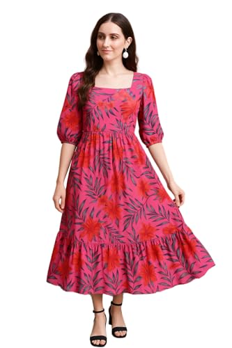 Image of Shasmi Women Women's Floral Printed Midi Dress - Puff Sleeve, Square Neck, A-Line Fit & Flare Casual Outfit