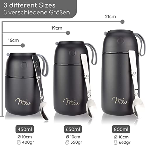 Image of Milu Thermal Food Container 650 ml, Stainless Steel Warming Container with Spoon, Thermal Food Mug, Thermal Lunch Box for Children, Adults, Thermal Box Soups, Baby Porridge, Food Container Black, 650
