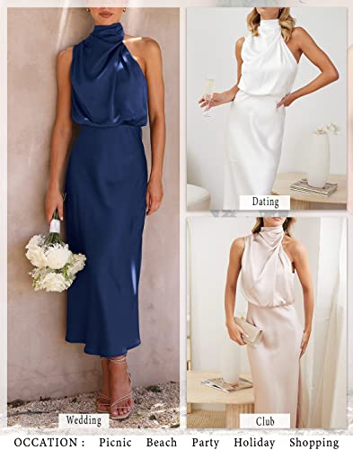 Mirgler Womens Navy Sleeveless Mock Neck Satin Dresses Elastic High Waist Wedding Guest Evening Cocktail Party Elegant Formal Maxi Dress For Women M #TOP3